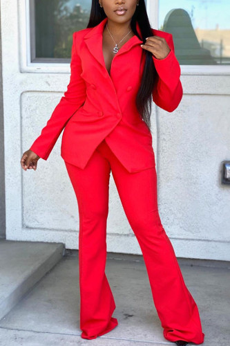 Red Fashion Casual Adult Solid Buttons Turn-back Collar Long Sleeve Regular Sleeve Regular Two Pieces