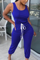 Blue Fashion Sexy Polyester Solid Split Joint Spaghetti Strap Regular Jumpsuits