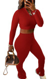 Moda roja ropa deportiva adulto parches lisos cuello redondo manga larga manga Regular corto dos piezas