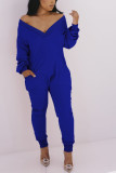 Azul Sexy Casual Spandex Combina Macacões Soltos Com Decote Em V Sólido