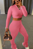 Roze mode sportkleding volwassen effen patchwork O-hals lange mouw normale mouw korte twee stukken