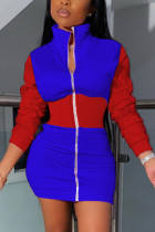 Blue Sexy Daily Twilled Satin Patchwork Solid Patchwork Basic O Neck Long Sleeve Mini Pencil Skirt Dresses