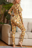 Gelbe Sexy Living Skinny-Jumpsuits mit Strickcharakter-Print und Knöpfen und V-Ausschnitt