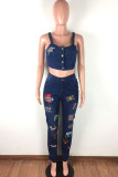 Blue Sexy Embroidery Embroidered Make Old Patchwork Backless Spaghetti Strap Sleeveless Spaghetti Strap Short Two Pieces