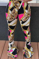 Multi-color Casual Sportswear Polyester Twilled Satin Print Flounce Skinny Bottoms