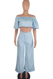 Light Blue Fashion Casual Adult Solid Patchwork Bateau Neck Half Sleeve Off The Shoulder Short Two Pieces