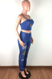 Blue Sexy Embroidery Embroidered Make Old Patchwork Backless Spaghetti Strap Sleeveless Short Two Pieces