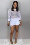 White O Neck Long Sleeve HOLLOWED OUT perspective Mesh Long Sleeve Tops