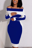 Azul moda casual geométrico retalhos sólido retalhos sem costas básico bateau pescoço manga longa na altura do joelho vestidos de saia lápis