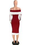 Red Fashion Casual Geometric Patchwork Solid Patchwork Backless Basic Bateau Neck Long Sleeve Knee Length Pencil Skirt Dresses