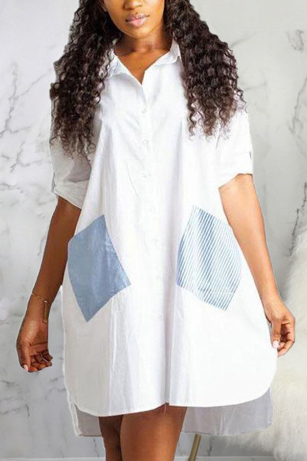 Witte mode sexy volwassen patchwork effen patchwork kraag lange mouw knielengte shirtjurk jurken