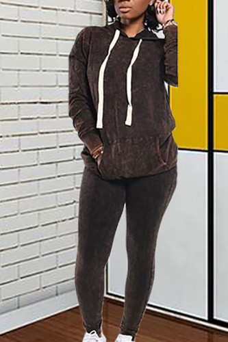 Brown Street Print Hooded Collar Long Sleeve Regular Sleeve Two Pieces