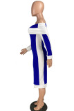 ブルーファッションカジュアル幾何パッチワークソリッドパッチワーク背中の開いたベーシックバトーネック長袖膝丈ペンシルスカートドレス
