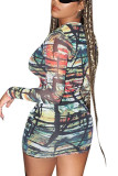 Цветное модное сексуальное платье для взрослых с принтом и круглым вырезом, с длинным рукавом, мини-платье с принтом, платья