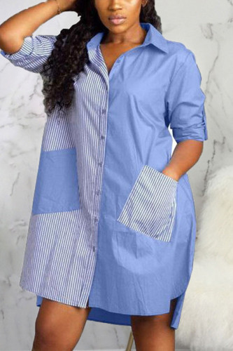 Blauwe mode sexy volwassen patchwork effen patchwork kraag lange mouw knielengte shirtjurk jurken