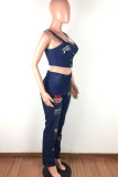 Blue Sexy Embroidery Embroidered Make Old Patchwork Backless Spaghetti Strap Sleeveless Spaghetti Strap Short Two Pieces