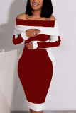 Красные модные повседневные геометрические лоскутные однотонные лоскутные платья с открытой спиной, базовые платья-юбка-карандаш с вырезом «лодочка» и длинными рукавами до колена.