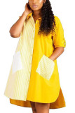 Желтые модные сексуальные лоскутные платья для взрослых, однотонные лоскутные платья с отложным воротником и длинными рукавами до колена, платья-рубашки