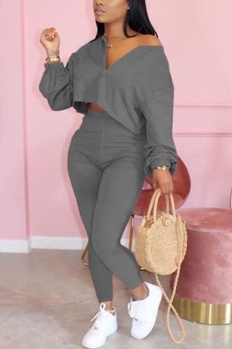 Dark Gray Fashion Patchwork Solid Asymmetrical V Neck Long Sleeve Two Pieces
