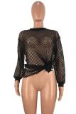 Black O Neck Long Sleeve HOLLOWED OUT perspective Mesh Long Sleeve Tops