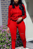 Red Sexy Polyester Solid Pullovers Hooded Collar Long Sleeve Regular Sleeve Two Pieces