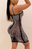 Black Fashion Sexy Party Rhinestone Solid Bead tube V Neck Sleeveless Knee Length A Line Dresses