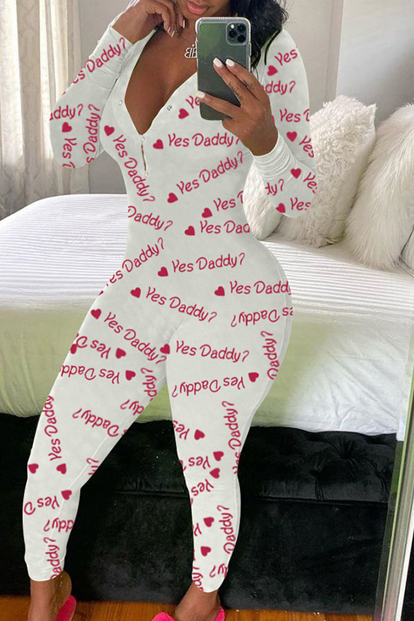 White Fashion Adult Living Print V Neck Skinny Jumpsuits