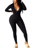 Black Fashion Sexy Adult Solid Buttons V Neck Skinny Jumpsuits