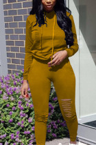 Yellow Sexy Polyester Solid Pullovers Hooded Collar Long Sleeve Regular Sleeve Two Pieces