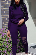 purple Sexy Polyester Solid Pullovers Hooded Collar Long Sleeve Regular Sleeve Two Pieces