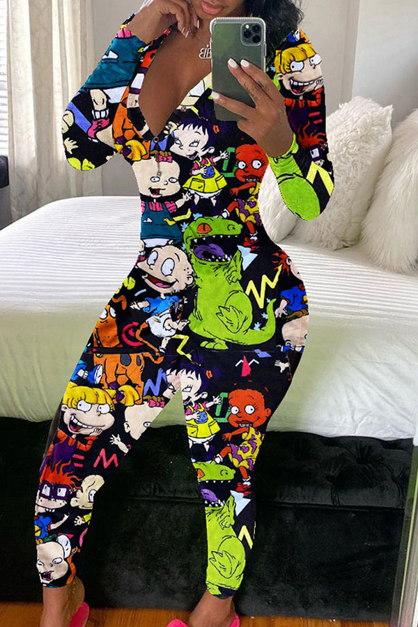 

multicolor Fashion Adult Living Print V Neck Skinny Jumpsuits
