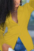 Yellow Sweet Solid Hollowed Out Patchwork V Neck Outerwear