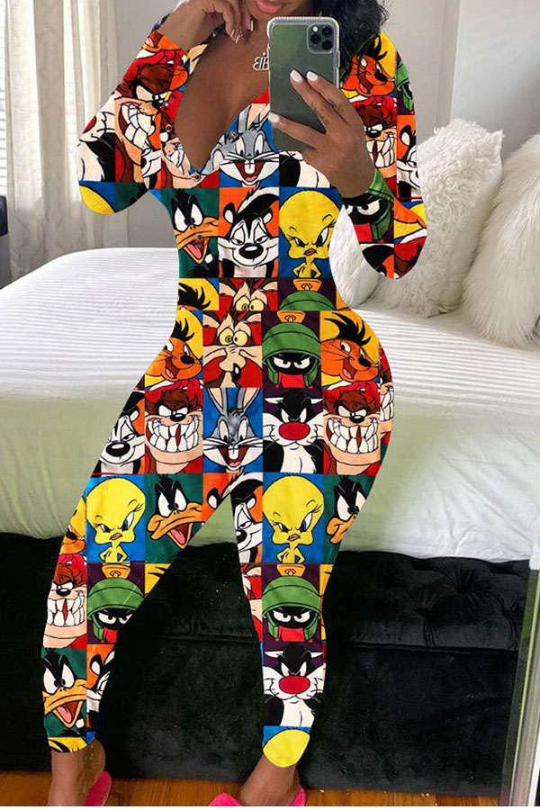 

cartoon Fashion Adult Living Print V Neck Skinny Jumpsuits