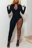Zwarte mode sexy volwassen effen gescheurde patchwork skinny jumpsuits met V-hals