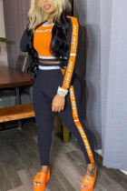 Оранжевый модный сексуальный взрослый принт в стиле пэчворк с буквенным вырезом и круглым вырезом с длинным рукавом, обычный рукав, обычные две части