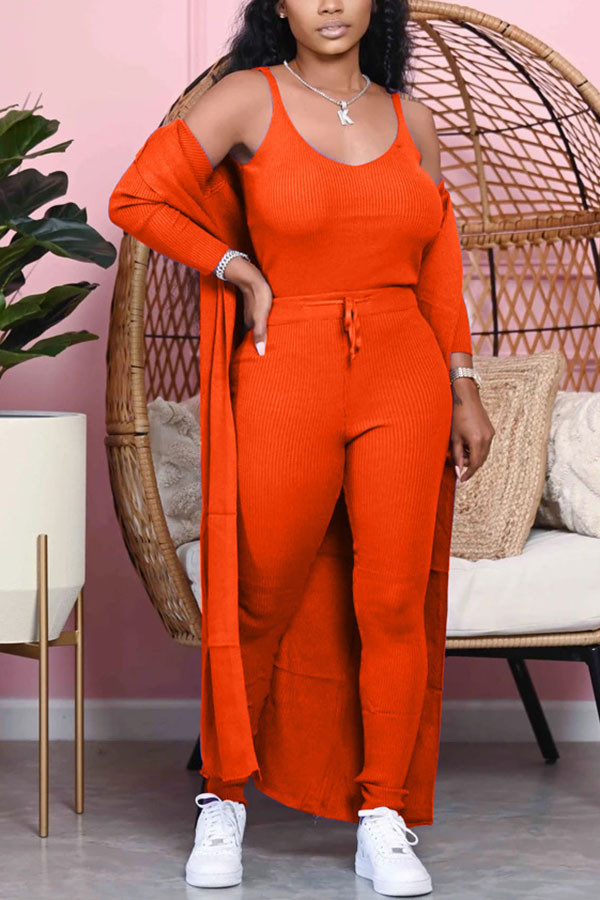 Orange Casual Sportswear Daily Living Pit Article Fabrics Solid Frenulum Vests Pants Basic O Neck Long Sleeve Regular Sleeve Regular Two Pieces