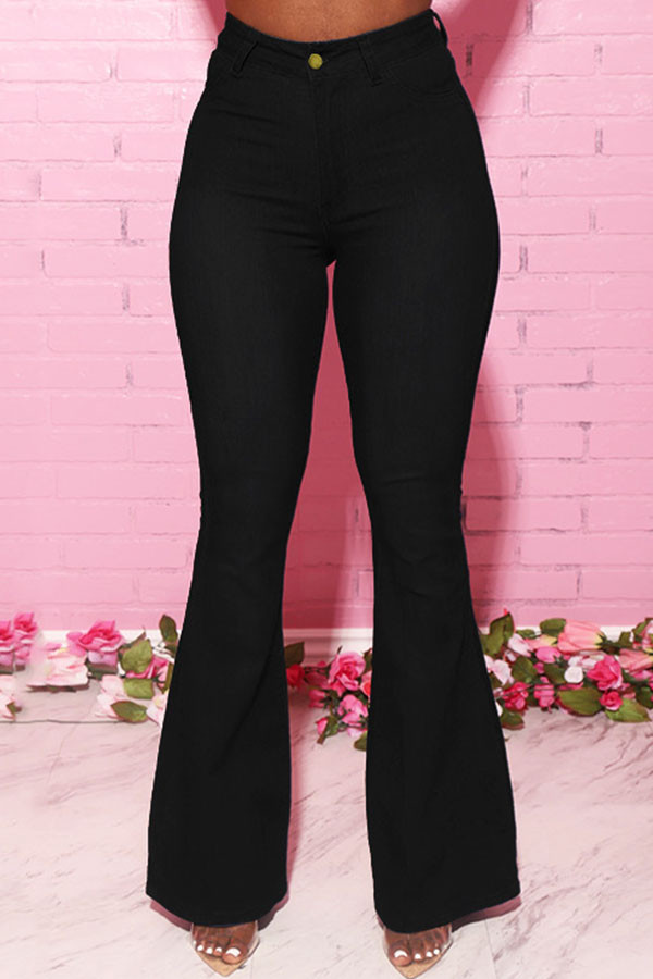 Черные модные повседневные однотонные пуговицы для взрослых со средней посадкой из джинсовой ткани