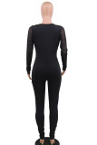 Zwarte sexy mesh patchwork effen patchwork doorzichtige broek skinny jumpsuits met V-hals