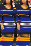 Blue Work Daily Striped Print Patchwork O Neck Long Sleeve Mid Calf Pencil Skirt Dresses
