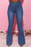 Dark Blue Fashion Daily Adult Solid Buttons Mid Waist Flare Leg Boot Cut Denim Jeans