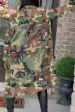 Grönt mode Sexig Camouflage Print Pocket Cardigan Uppbäddningskrage Ytterkläder