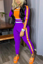 Фиолетовый Модный сексуальный взрослый принт в стиле пэчворк с буквенным вырезом и круглым вырезом с длинным рукавом Обычный рукав из двух частей