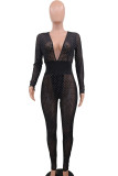 Zwarte sexy mesh patchwork effen patchwork doorzichtige broek skinny jumpsuits met V-hals