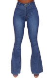 Dark Blue Fashion Daily Adult Solid Buttons Mid Waist Flare Leg Boot Cut Denim Jeans