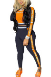 Оранжевый модный сексуальный взрослый принт в стиле пэчворк с буквенным вырезом и круглым вырезом с длинным рукавом, обычный рукав, обычные две части