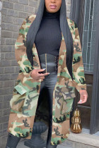 Groene Mode Sexy Volwassen Camouflage Print Pocket Vest Turndown Kraag Bovenkleding