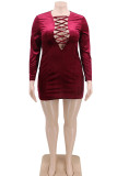 Вино-красное сексуальное винтажное плетение фриволите, сплошная повязка, выдолбленные перекрестные ремни, V-образный вырез, трапециевидная линия, большие размеры