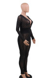 Black Sexy Mesh Patchwork Solid Patchwork See-through Pants V Neck Skinny Jumpsuits