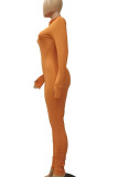Orange Fashion Casual Adult Solid Fold O Neck Skinny Jumpsuits