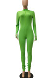 グリーン ファッション カジュアル 大人 ソリッド フォールド O ネック スキニー ジャンプスーツ